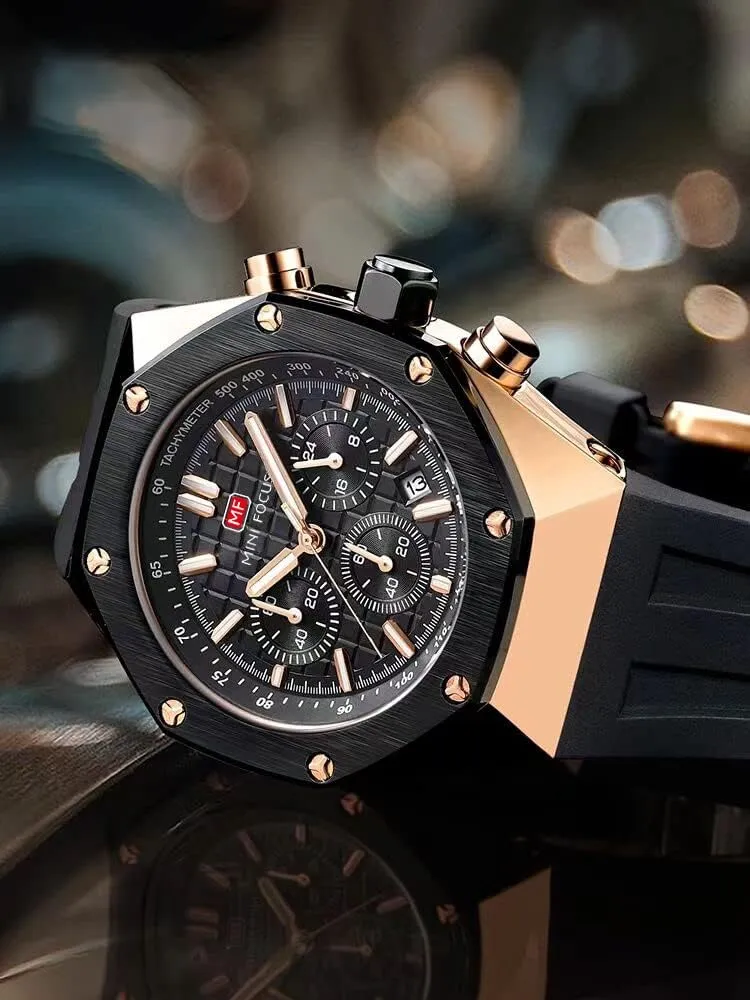 Mini Focus Mens Watch Octagon Casual Wrist Watch (Chronograph/Waterproof/Luminous/Calendar) Silicon/Leather Band Watch for Men