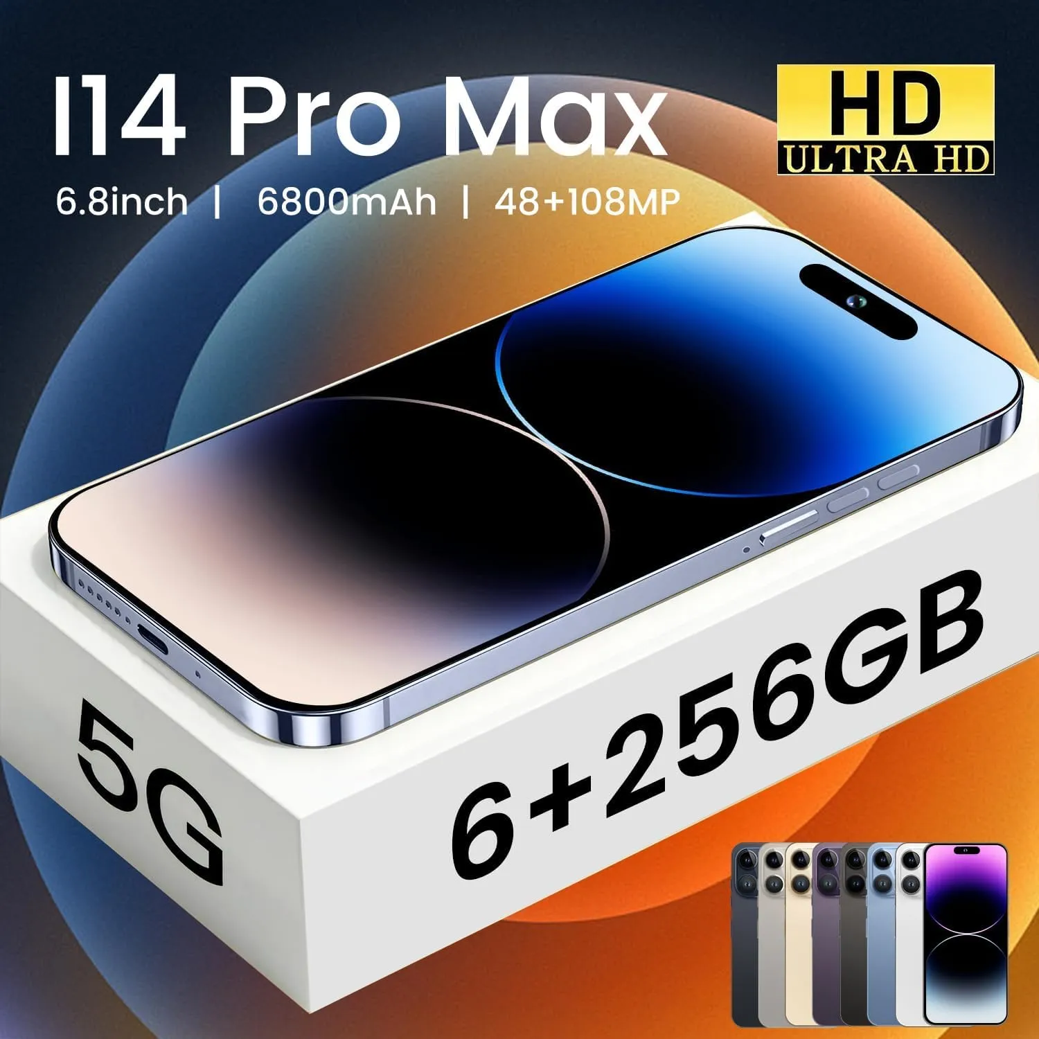 MMY I14 Pro MAX Unlocked Cell Phone, Long Battery Life 6.82" HD Screen Unlocked Phones, 6 256GB Android 13 Smartphone with 128G Memory Card, Dual SIM/Fingerprint Lock/Face ID/GPS (Blue Titanium)
