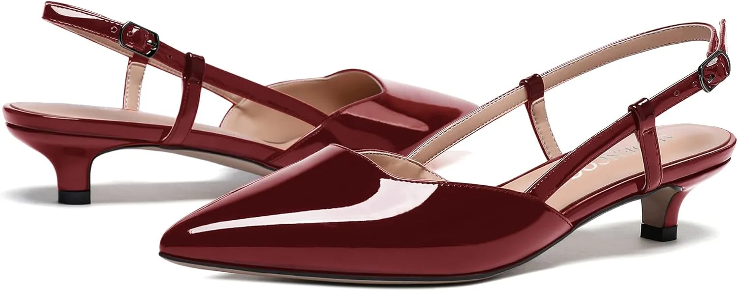 MODENCOCO Women's Patent Leather Ankle Strap Slingback Pointed Toe Kitten Low Heel Pumps Business Office Work Dress Shoes 1.5 Inch