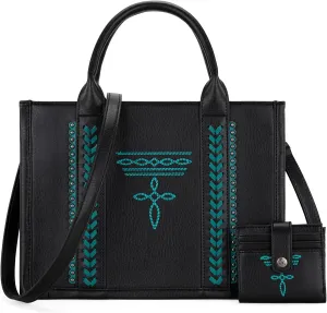 Montana West Longhorn Whipstitch Western Top Handle Tote Bag with Card Wallet Set