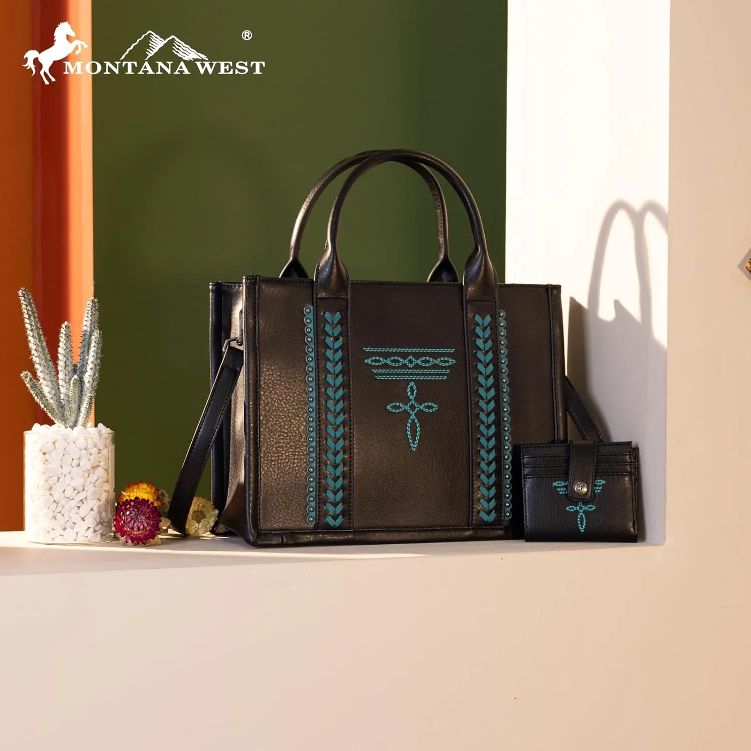 Montana West Longhorn Whipstitch Western Top Handle Tote Bag with Card Wallet Set