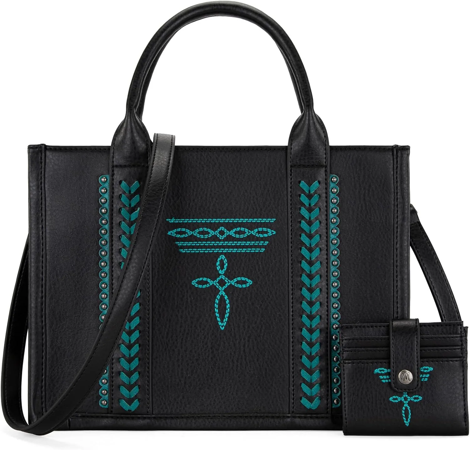 Montana West Longhorn Whipstitch Western Top Handle Tote Bag with Card Wallet Set