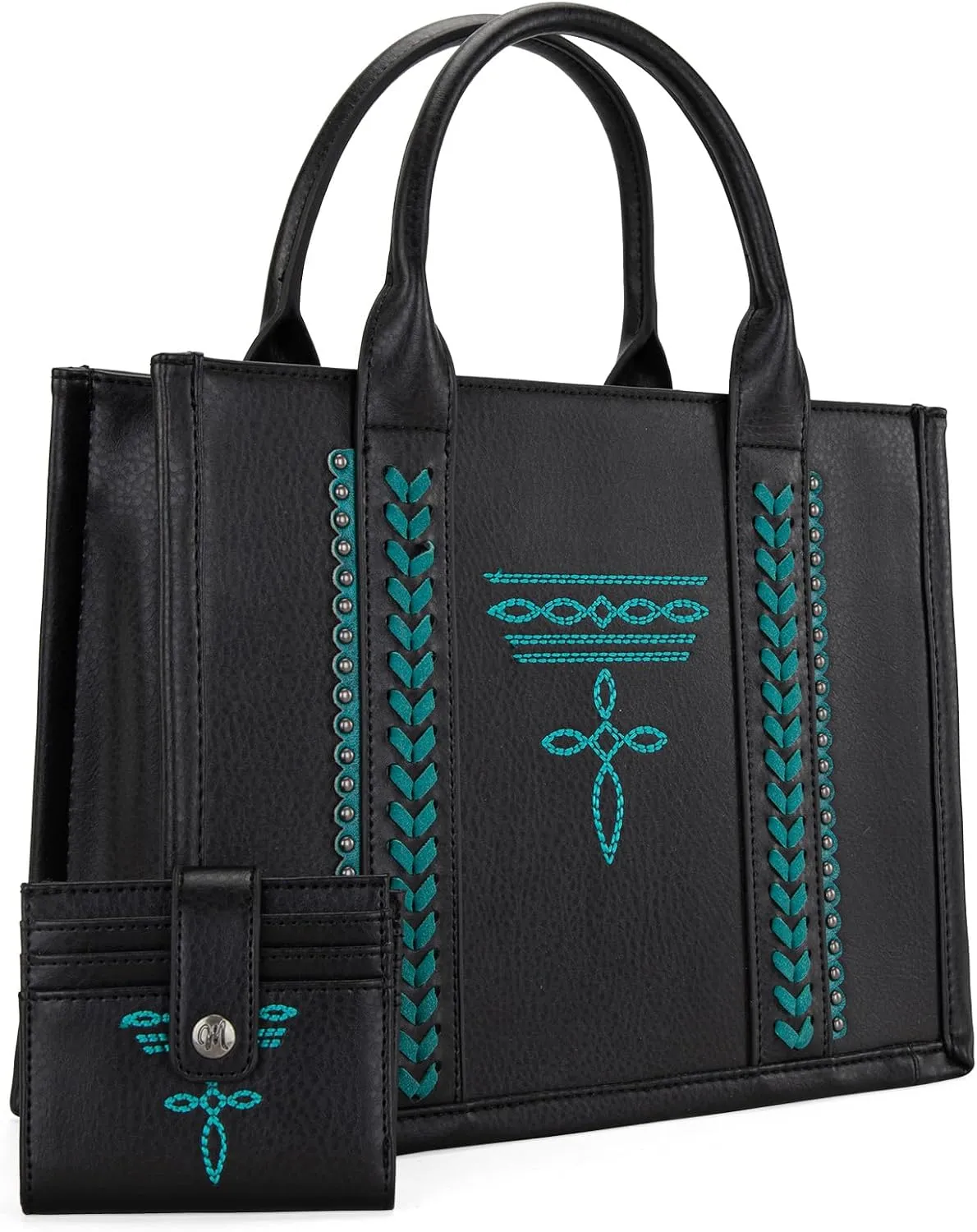 Montana West Longhorn Whipstitch Western Top Handle Tote Bag with Card Wallet Set