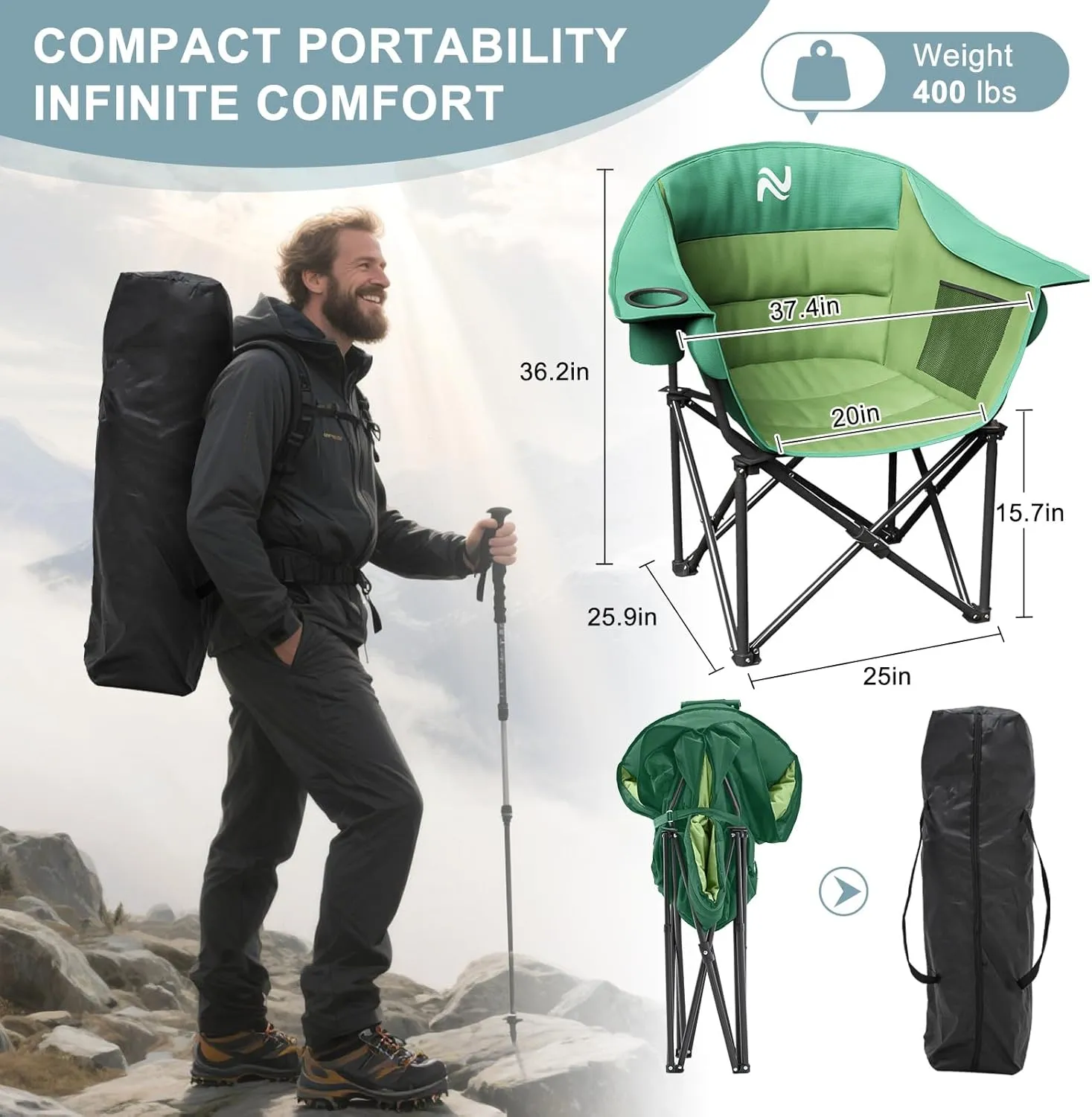 MOPHOTO Folding Camping Chair, Portable Camping Chairs for Adults, Fully Padded Folding Chairs Outdoor Sports, Lawn Chair Patio Lounge Chairs 400 LBS Capacity