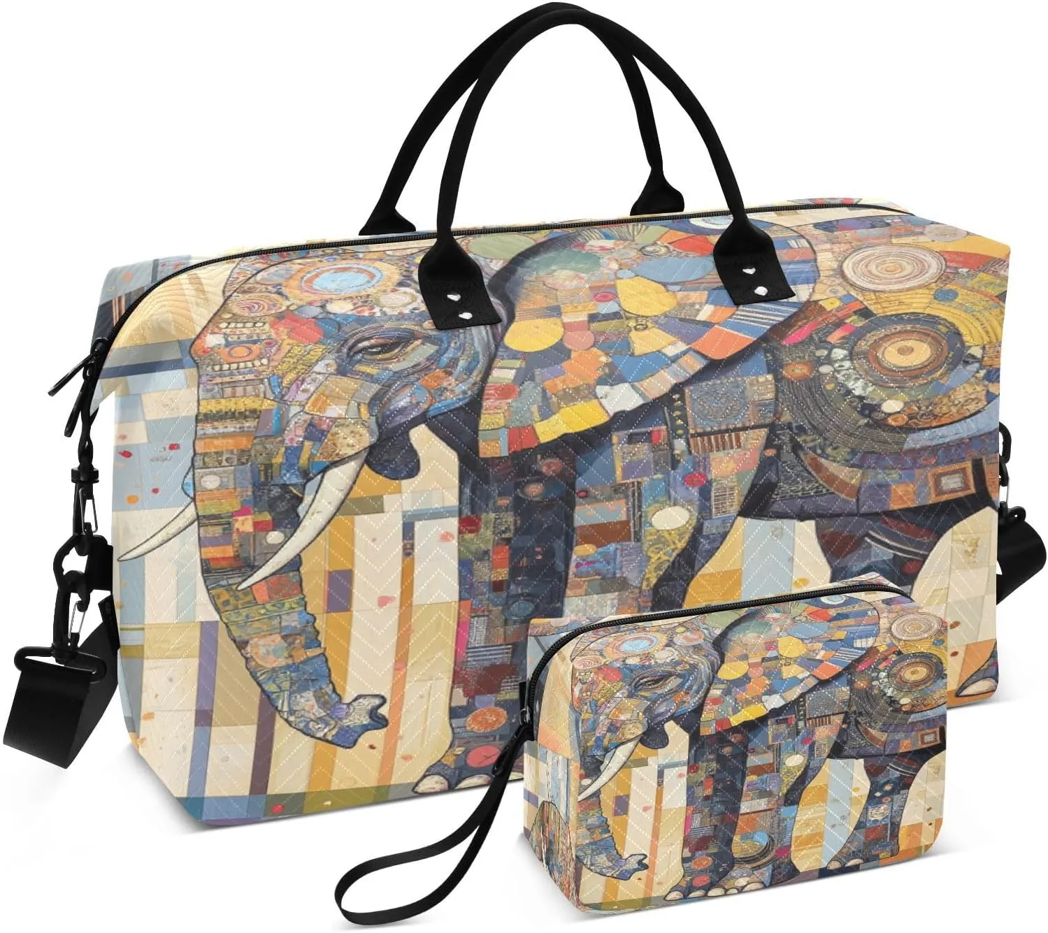Mosaic Elephant Artwork Sports Gym Bag for Women Men Travel Duffel Bag Weekend Overnight Carry on Bag with Toiletry Bag Yoga Bag for Plane Hospital Workout Swimming Yoga