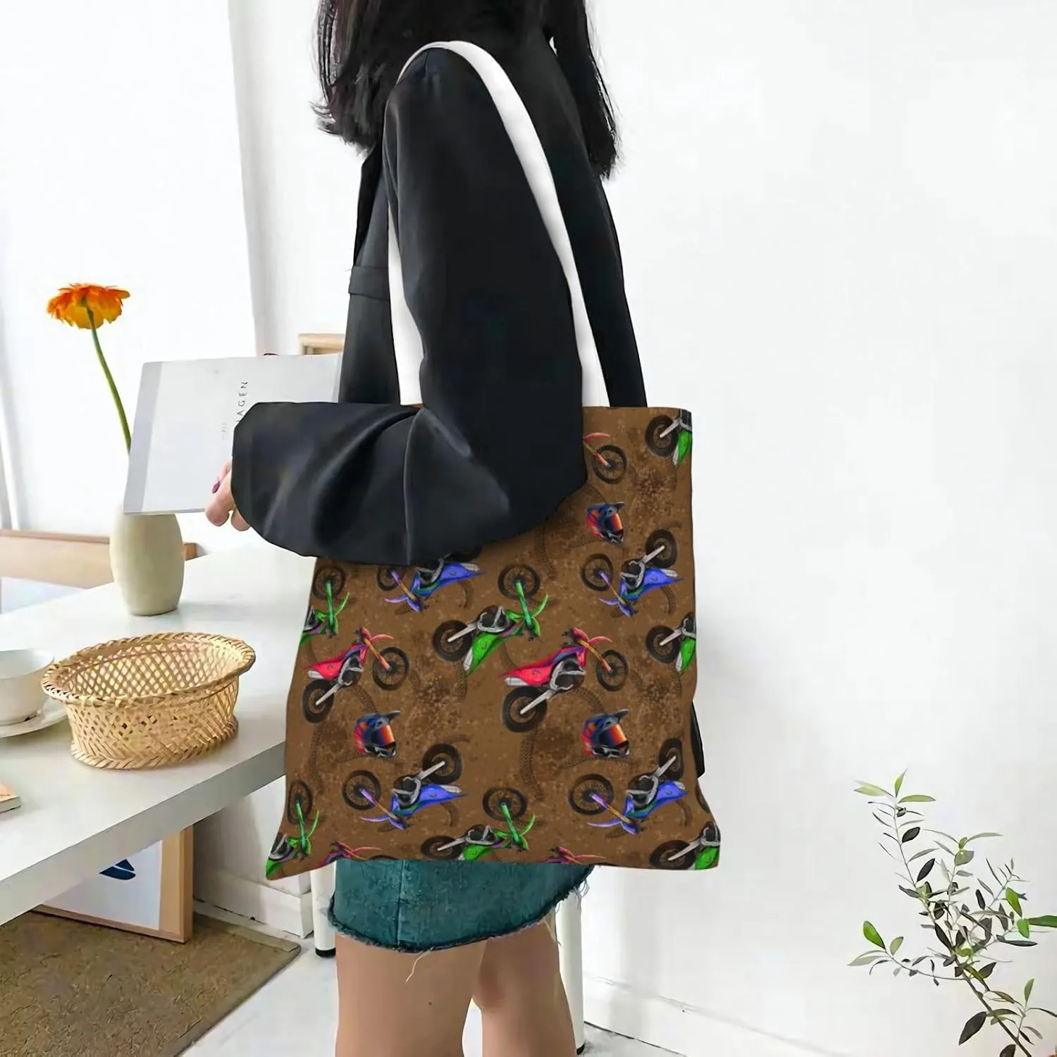 Motorcycle Motocross Dirt Bikes Tote Bag Reusable Shoulder Tote Bag For Women Lady Vacation, Shopping, Work