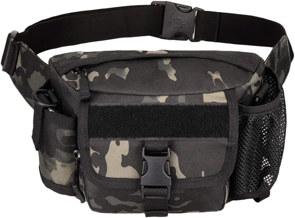 Multi Functional Waist Pack Military Single Shoulder Hip Belt Fanny Bag Water Resistant Waist Pouch with Water Bottle Pocket Holder for Hiking Climbing Outdoor Bumbag (Black-scorpion Camouflage)
