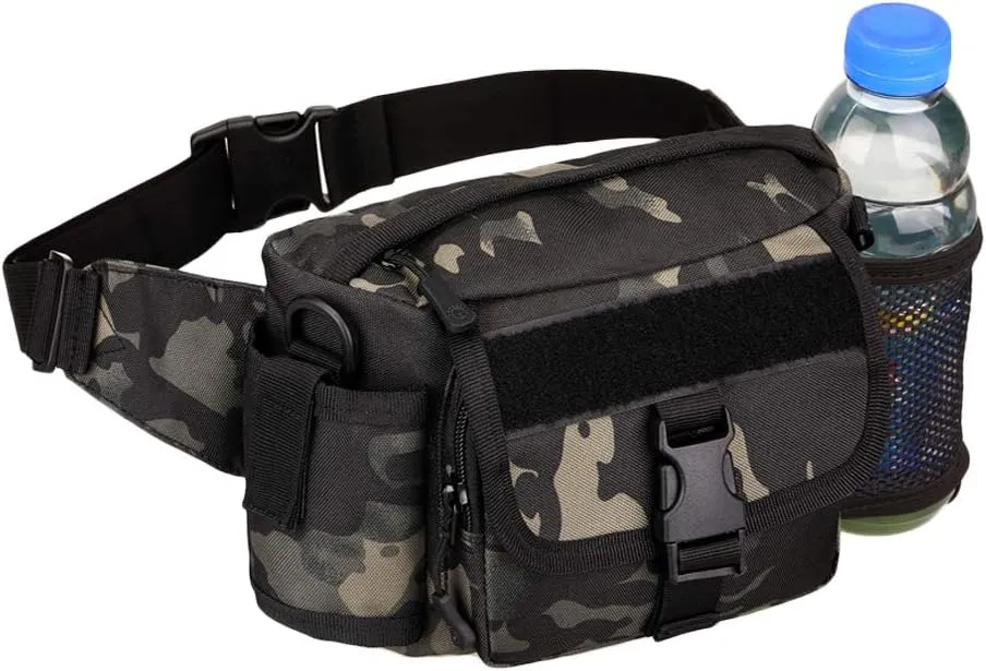 Multi Functional Waist Pack Military Single Shoulder Hip Belt Fanny Bag Water Resistant Waist Pouch with Water Bottle Pocket Holder for Hiking Climbing Outdoor Bumbag (Black-scorpion Camouflage)