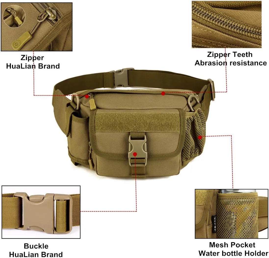 Multi Functional Waist Pack Military Single Shoulder Hip Belt Fanny Bag Water Resistant Waist Pouch with Water Bottle Pocket Holder for Hiking Climbing Outdoor Bumbag (Black-scorpion Camouflage)