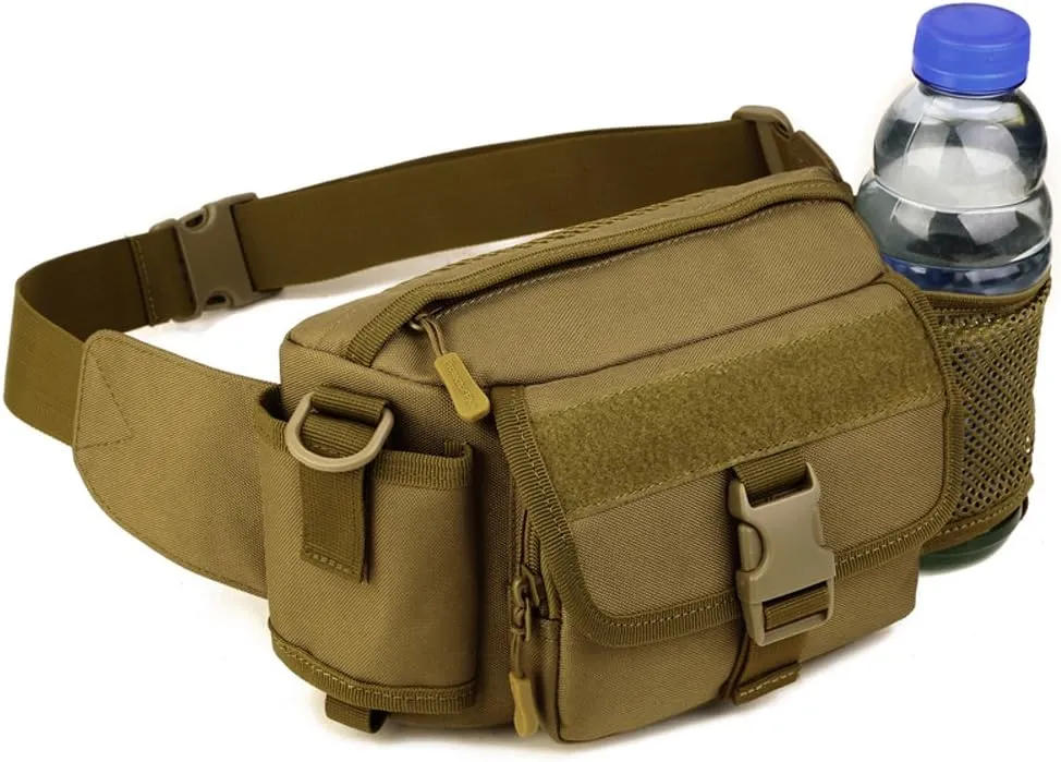 Multi Functional Waist Pack Military Single Shoulder Hip Belt Fanny Bag Water Resistant Waist Pouch with Water Bottle Pocket Holder for Hiking Climbing Outdoor Bumbag (Coyote Brown)