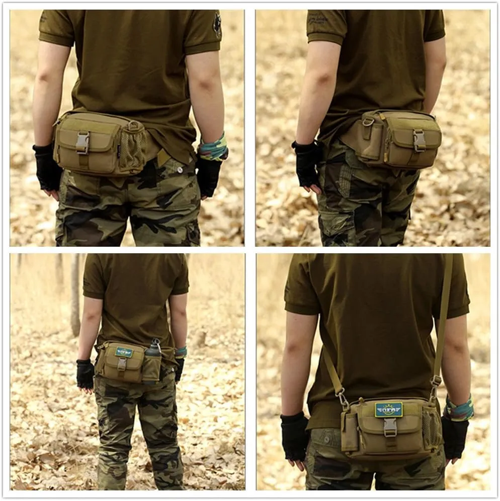 Multi Functional Waist Pack Military Single Shoulder Hip Belt Fanny Bag Water Resistant Waist Pouch with Water Bottle Pocket Holder for Hiking Climbing Outdoor Bumbag (Coyote Brown)