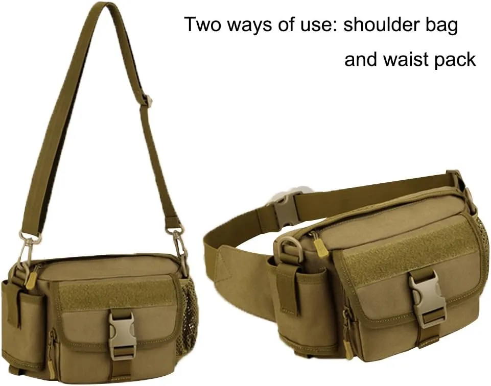 Multi Functional Waist Pack Military Single Shoulder Hip Belt Fanny Bag Water Resistant Waist Pouch with Water Bottle Pocket Holder for Hiking Climbing Outdoor Bumbag (Coyote Brown)