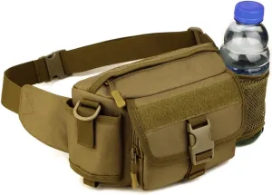 Multi Functional Waist Pack Military Single Shoulder Hip Belt Fanny Bag Water Resistant Waist Pouch with Water Bottle Pocket Holder for Hiking Climbing Outdoor Bumbag (Coyote Brown)