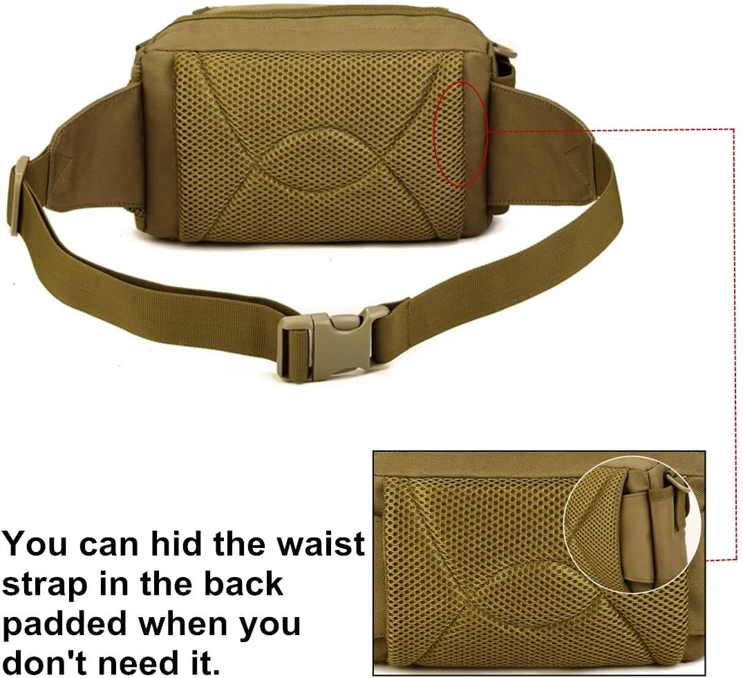 Multi Functional Waist Pack Military Single Shoulder Hip Belt Fanny Bag Water Resistant Waist Pouch with Water Bottle Pocket Holder for Hiking Climbing Outdoor Bumbag (Coyote Brown)