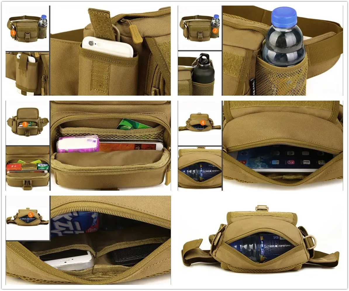 Multi Functional Waist Pack Military Single Shoulder Hip Belt Fanny Bag Water Resistant Waist Pouch with Water Bottle Pocket Holder for Hiking Climbing Outdoor Bumbag (Coyote Brown)