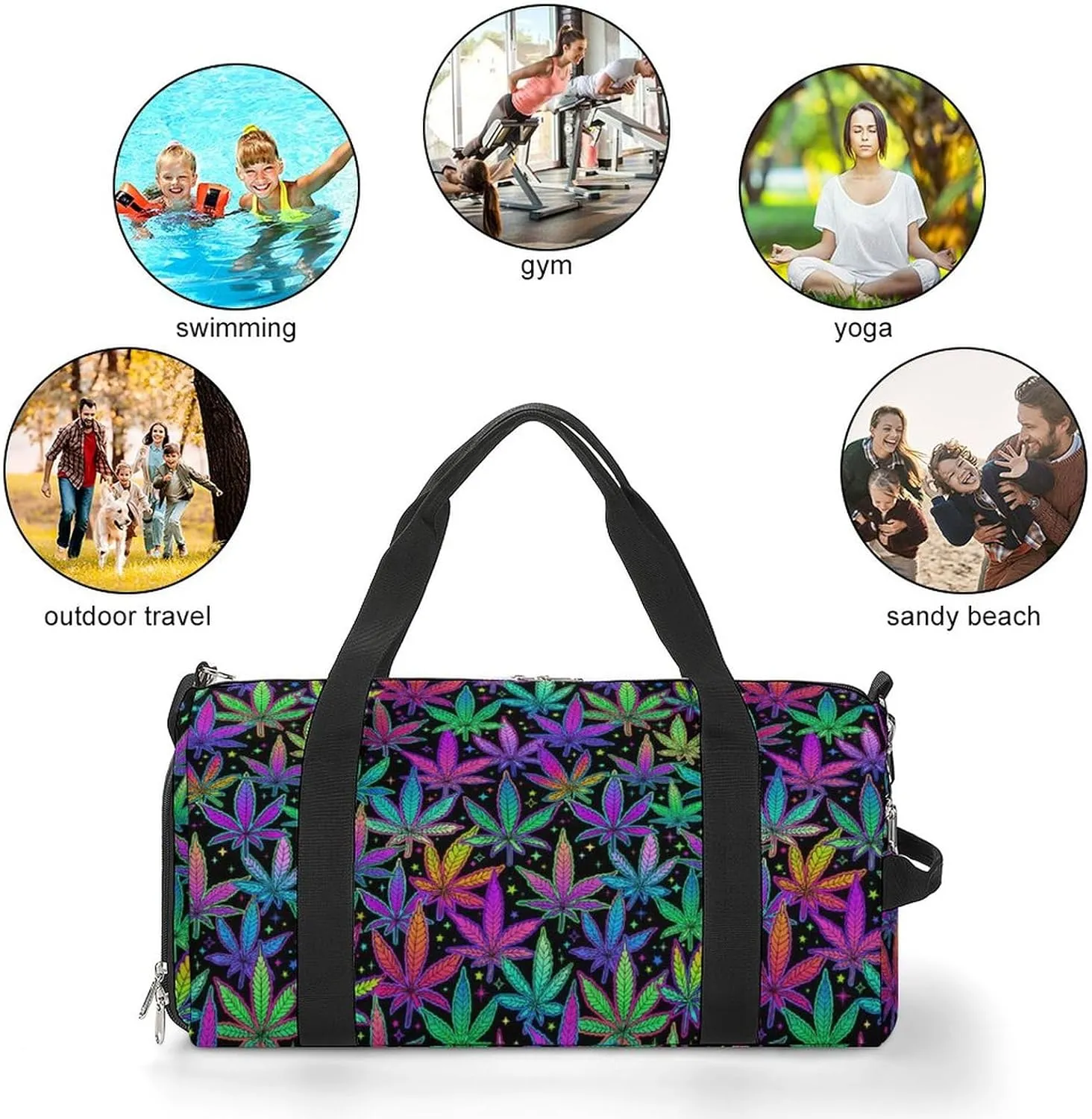 Multicolored Rainbow Plant Leaves Sports Tote Gym Bag for Women Men, Overnight Bag with Shoe Compartment Water Resistant