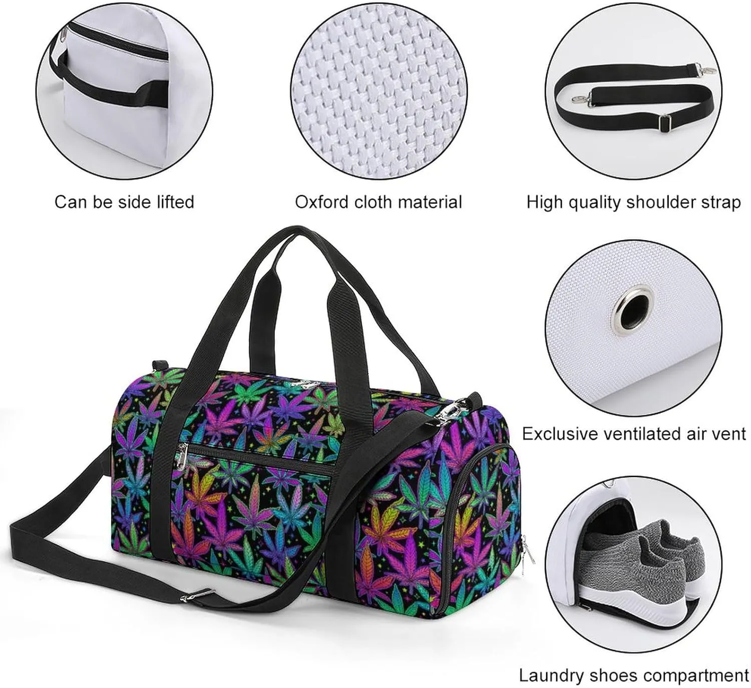 Multicolored Rainbow Plant Leaves Sports Tote Gym Bag for Women Men, Overnight Bag with Shoe Compartment Water Resistant