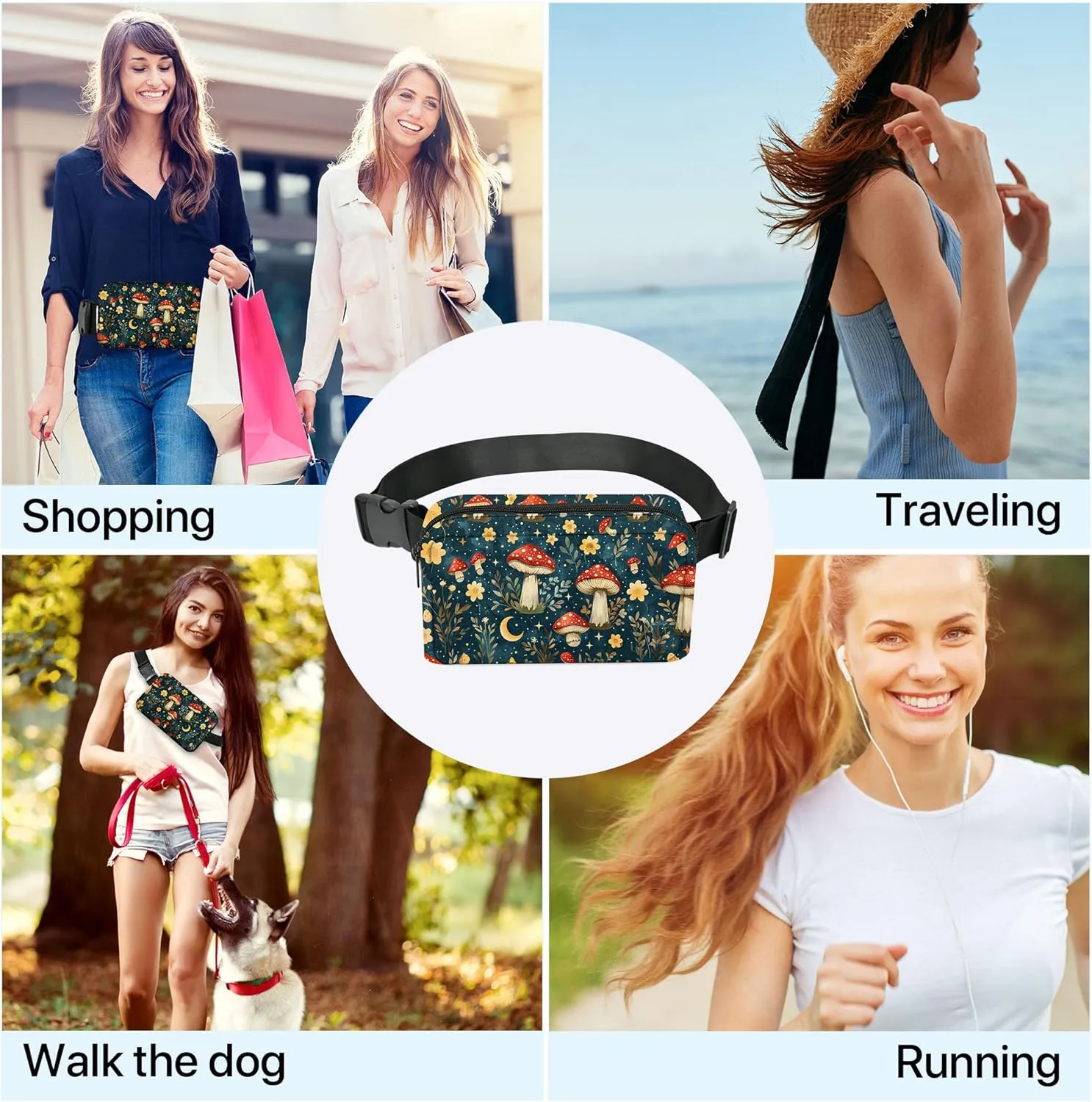 Mushroom Fanny Pack Fashion Belt Bag Small Crossbody Bags for Women Casual Waist Packs with Adjustable Strap