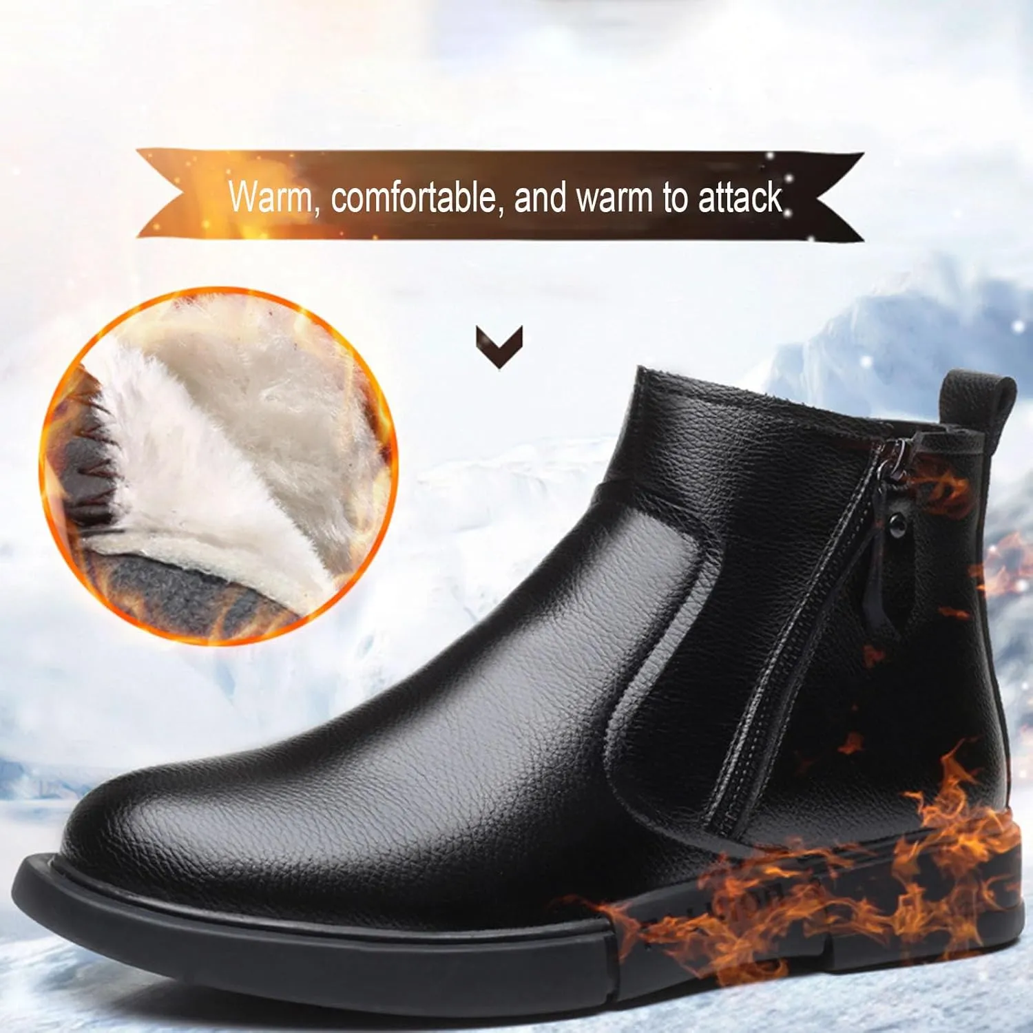 Myallfeet Men's Leather Flat Bottom Side Zippered Chukka Leather Boots Classic Fashion Mid Top Work Business Boots Comfortable And Non Slip Chelsea Dress Boots