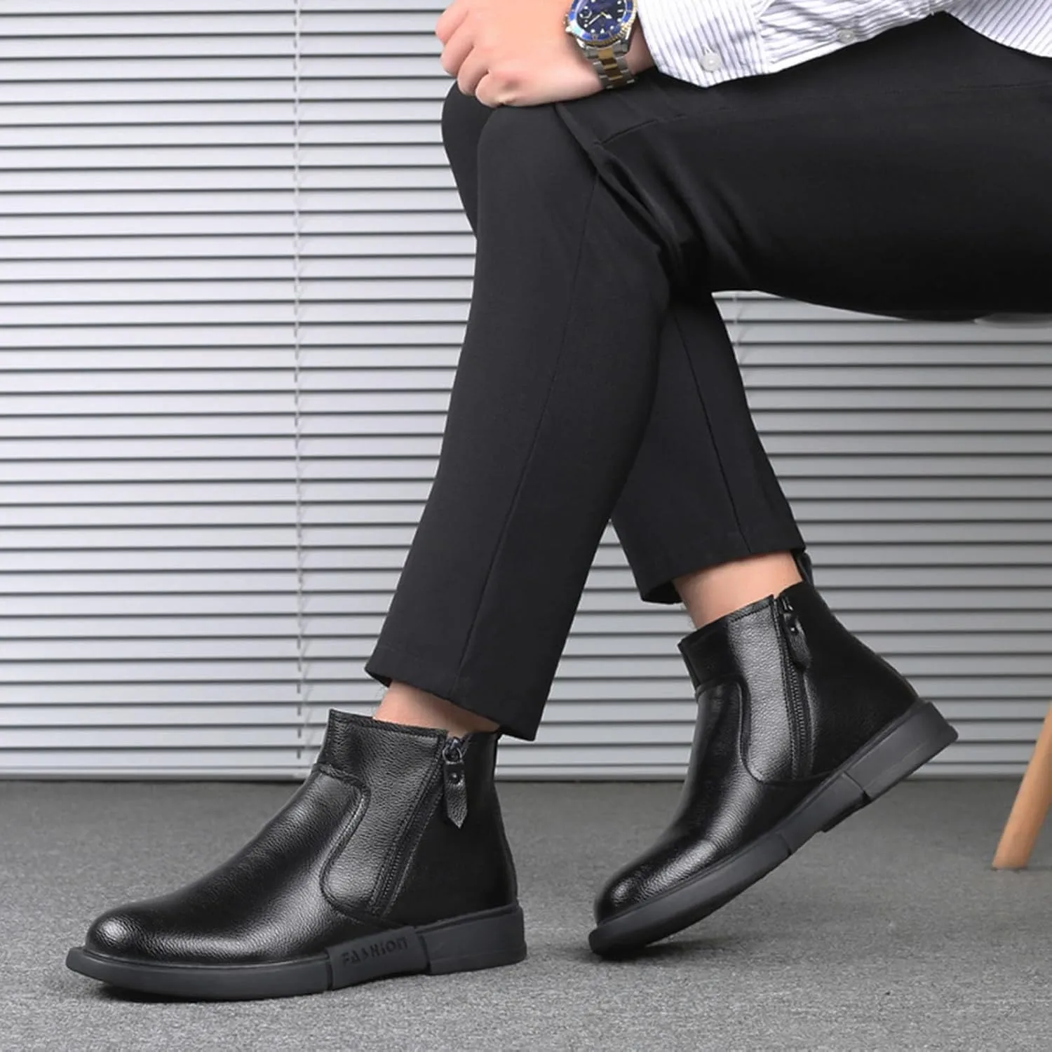 Myallfeet Men's Leather Flat Bottom Side Zippered Chukka Leather Boots Classic Fashion Mid Top Work Business Boots Comfortable And Non Slip Chelsea Dress Boots