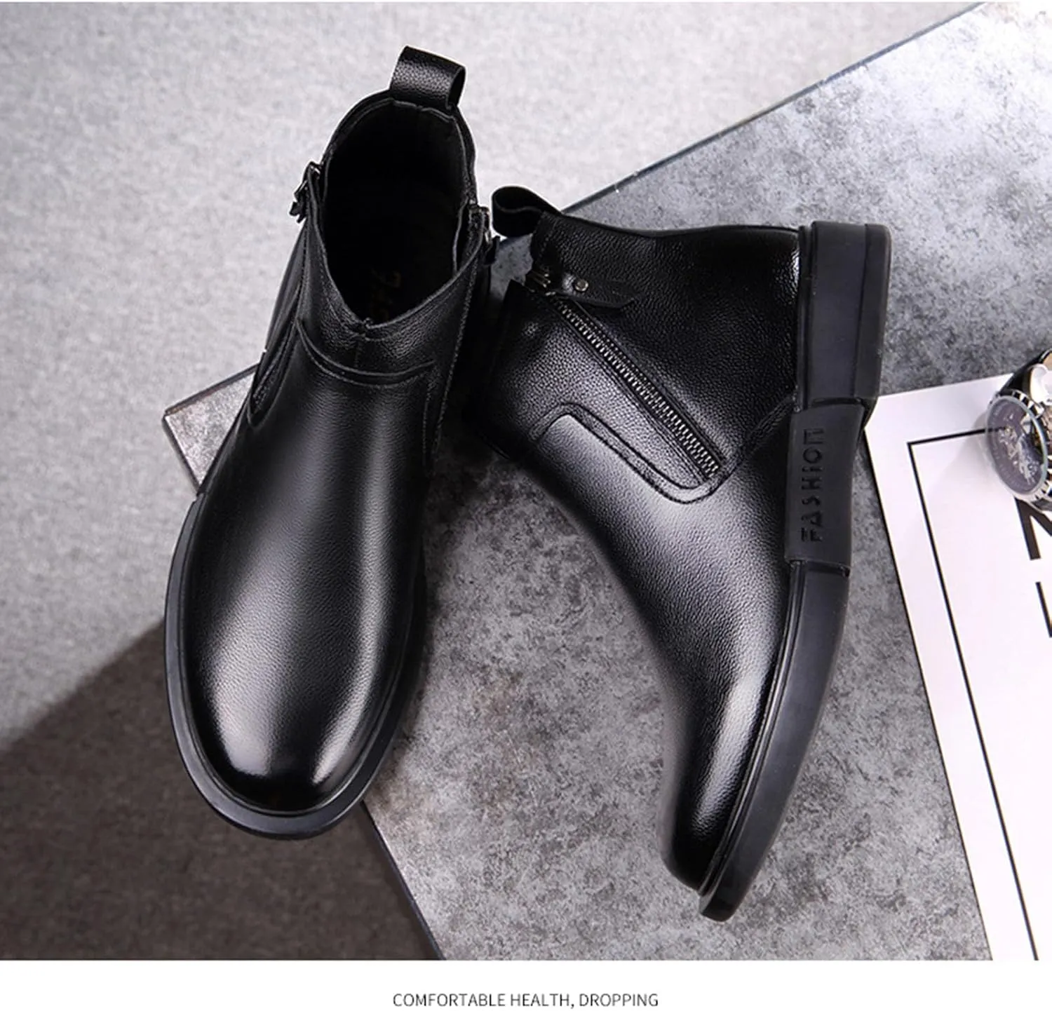 Myallfeet Men's Leather Flat Bottom Side Zippered Chukka Leather Boots Classic Fashion Mid Top Work Business Boots Comfortable And Non Slip Chelsea Dress Boots