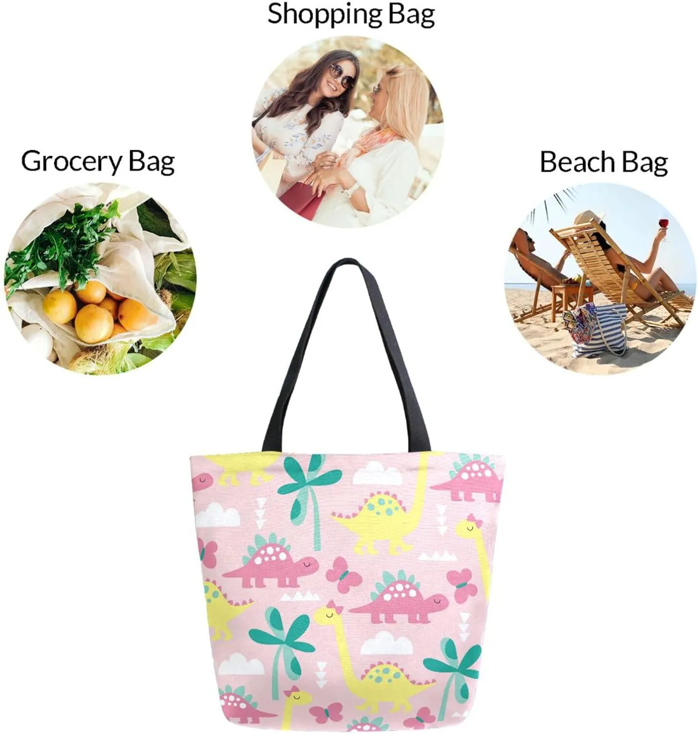 Naanle Canvas Tote Bag Large Women Casual Shoulder Bag Handbag Pink Dinosaur Canvas Tote Bag Reusable Grocery Shopping Cloth Bags Beach Bag for Women