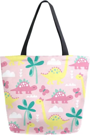 Naanle Canvas Tote Bag Large Women Casual Shoulder Bag Handbag Pink Dinosaur Canvas Tote Bag Reusable Grocery Shopping Cloth Bags Beach Bag for Women