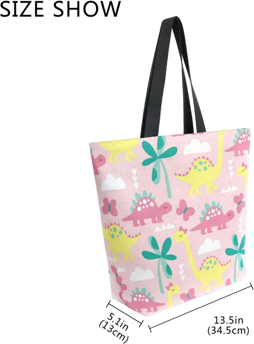 Naanle Canvas Tote Bag Large Women Casual Shoulder Bag Handbag Pink Dinosaur Canvas Tote Bag Reusable Grocery Shopping Cloth Bags Beach Bag for Women