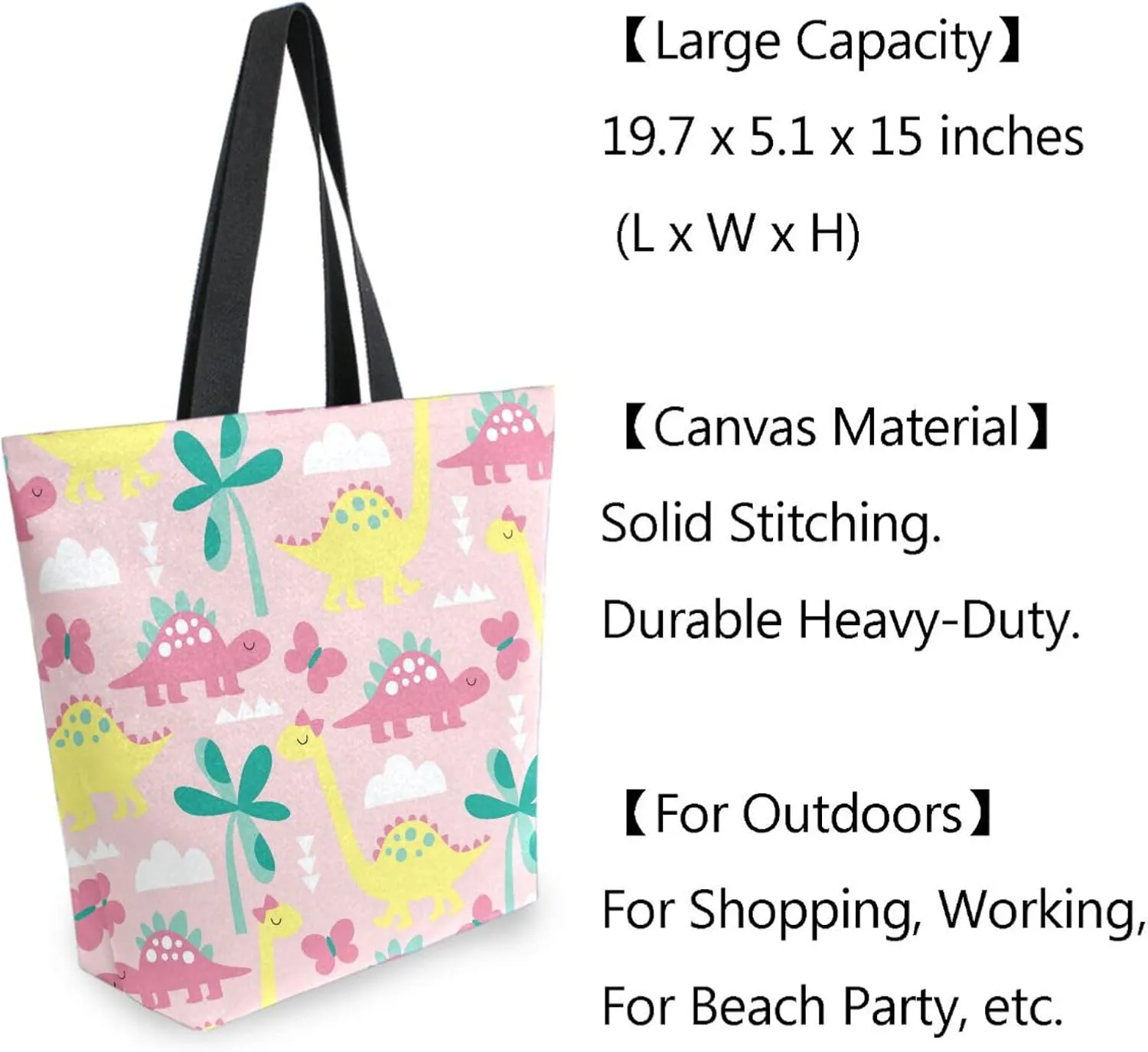 Naanle Canvas Tote Bag Large Women Casual Shoulder Bag Handbag Pink Dinosaur Canvas Tote Bag Reusable Grocery Shopping Cloth Bags Beach Bag for Women