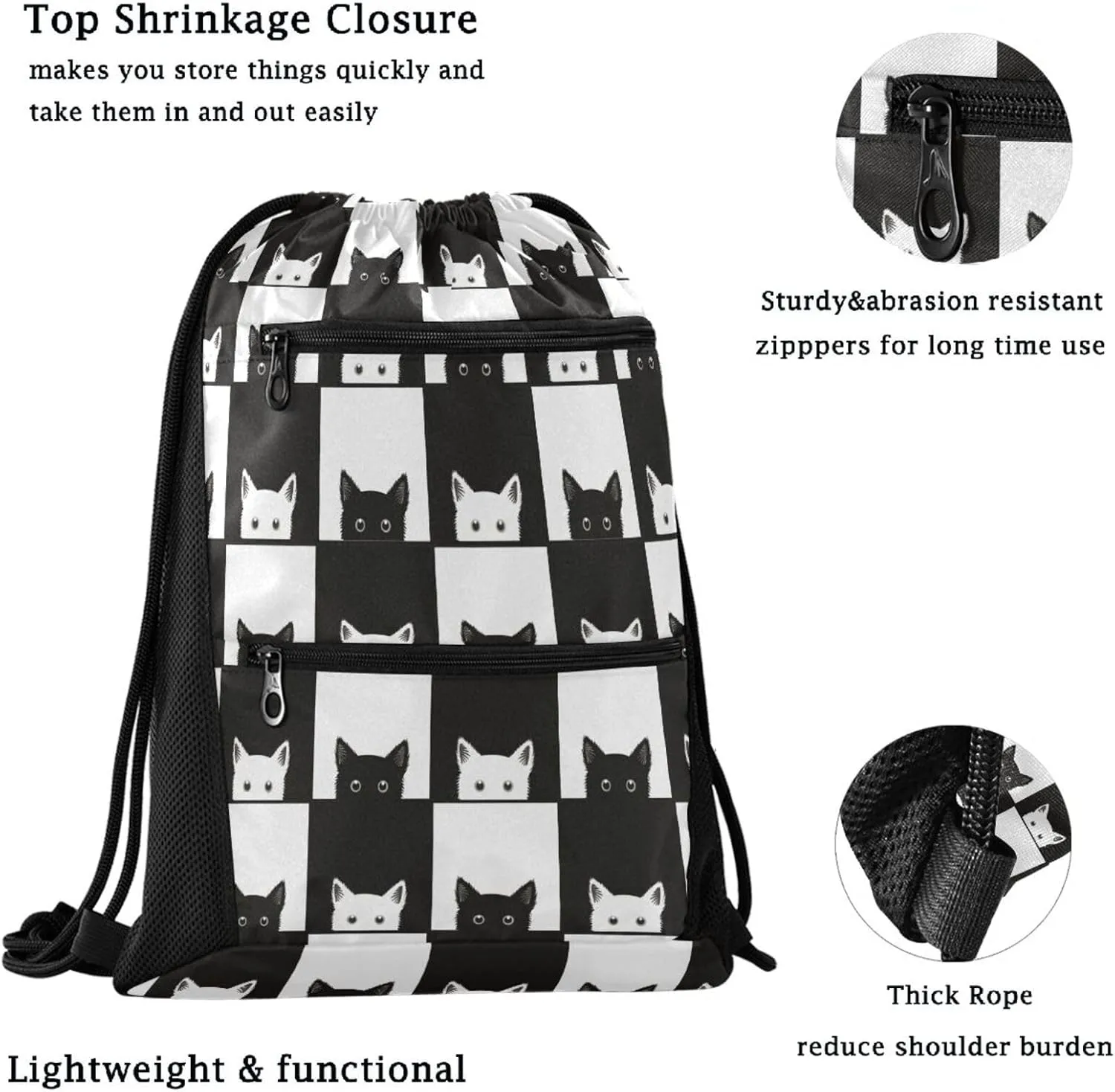 Nannle Large Cute Funny Cats Black White Check Pattern Drawstring Sackpack,String Storage Bag with Pockets for Travel Gym Swimming Beach Camping