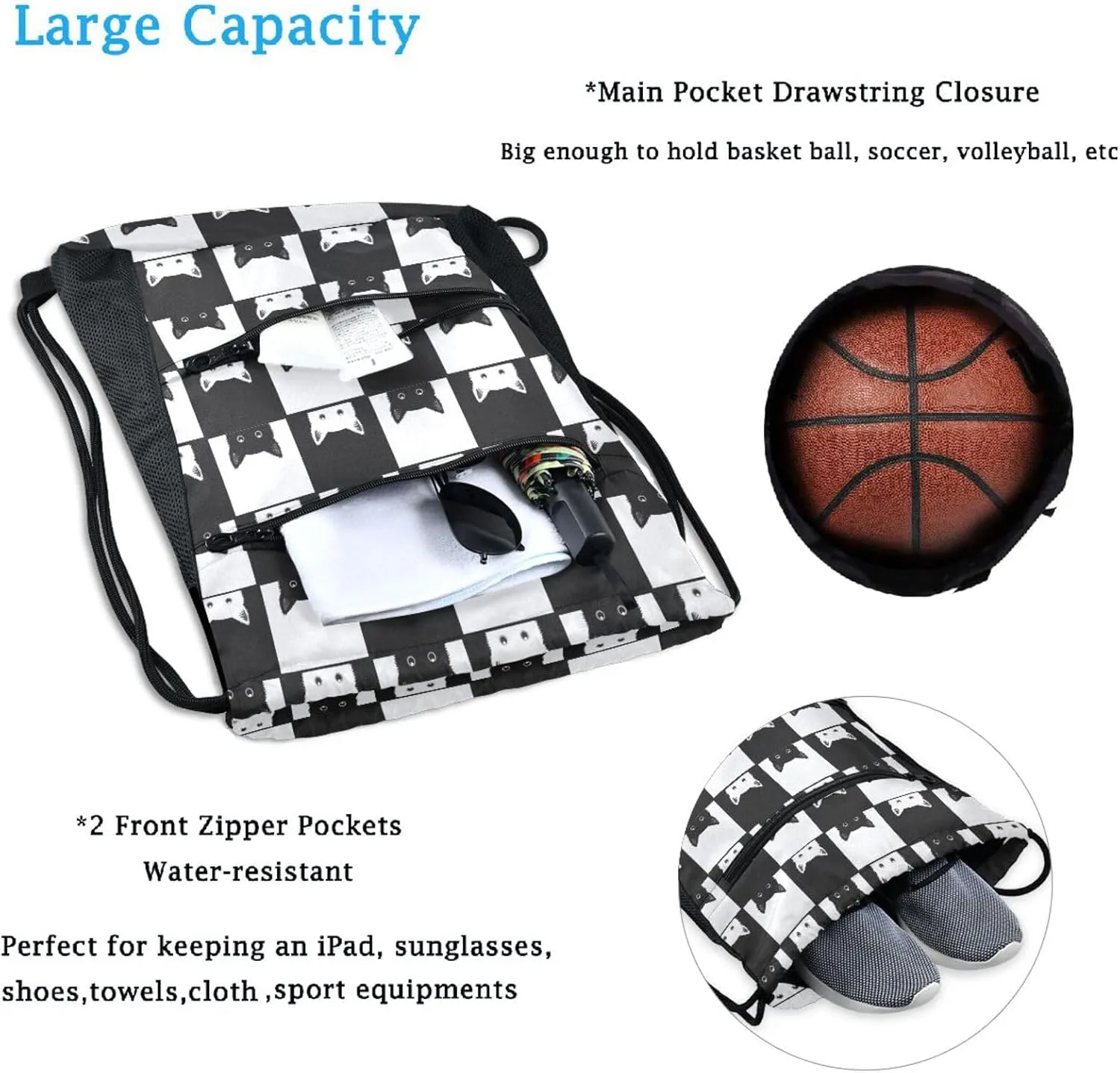 Nannle Large Cute Funny Cats Black White Check Pattern Drawstring Sackpack,String Storage Bag with Pockets for Travel Gym Swimming Beach Camping