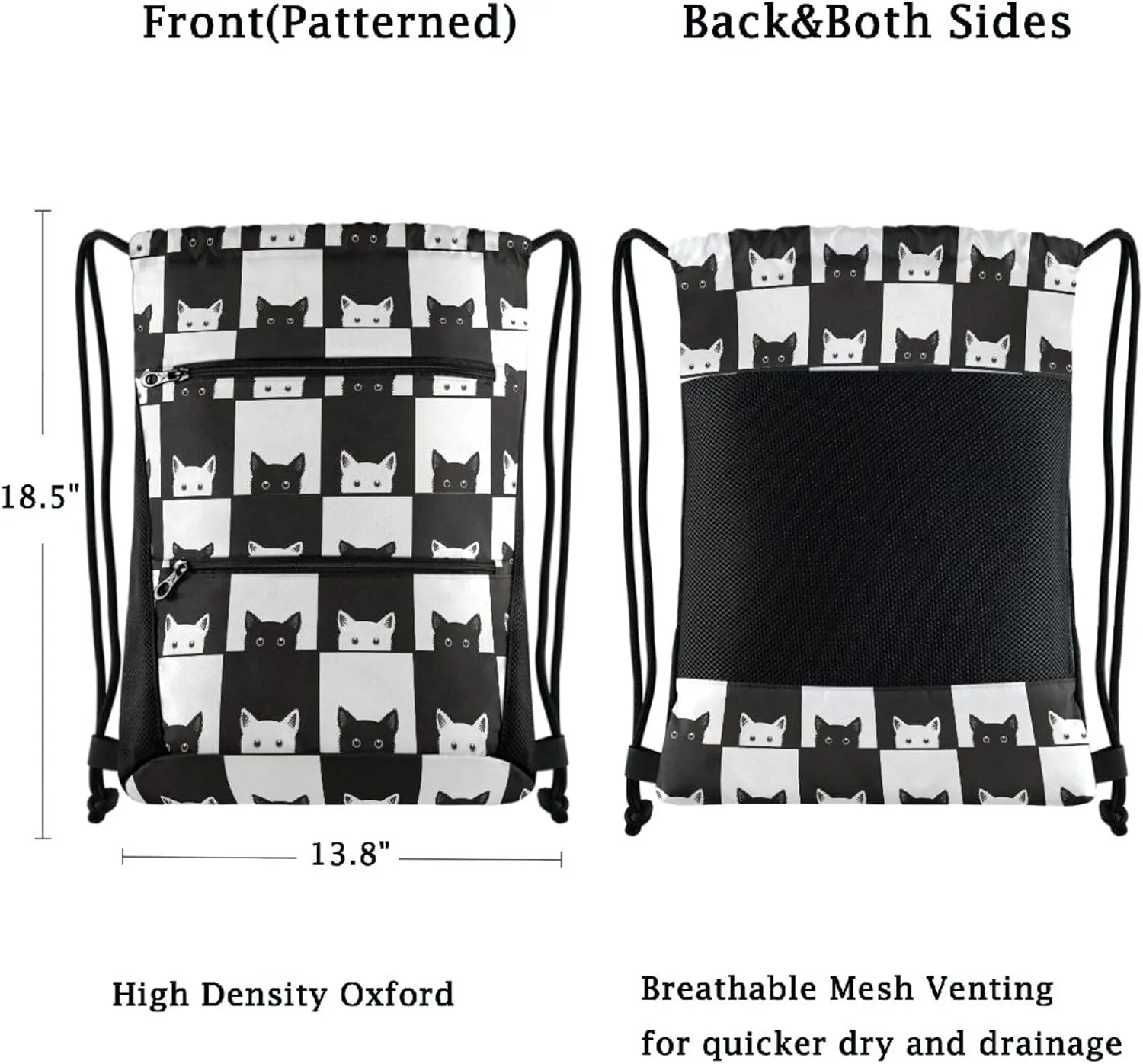 Nannle Large Cute Funny Cats Black White Check Pattern Drawstring Sackpack,String Storage Bag with Pockets for Travel Gym Swimming Beach Camping