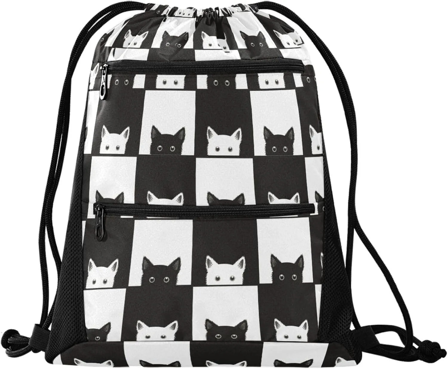 Nannle Large Cute Funny Cats Black White Check Pattern Drawstring Sackpack,String Storage Bag with Pockets for Travel Gym Swimming Beach Camping