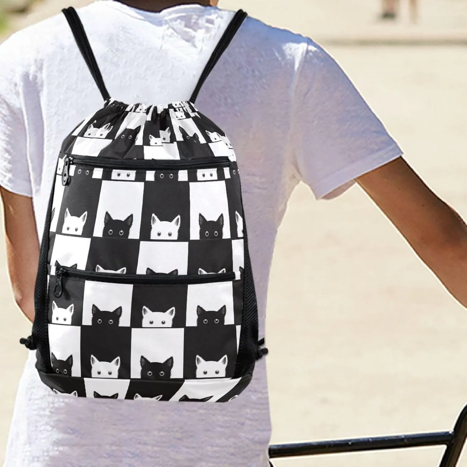 Nannle Large Cute Funny Cats Black White Check Pattern Drawstring Sackpack,String Storage Bag with Pockets for Travel Gym Swimming Beach Camping