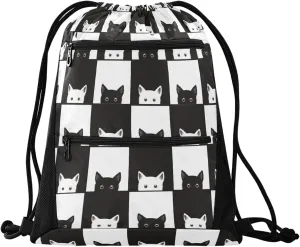 Nannle Large Cute Funny Cats Black White Check Pattern Drawstring Sackpack,String Storage Bag with Pockets for Travel Gym Swimming Beach Camping