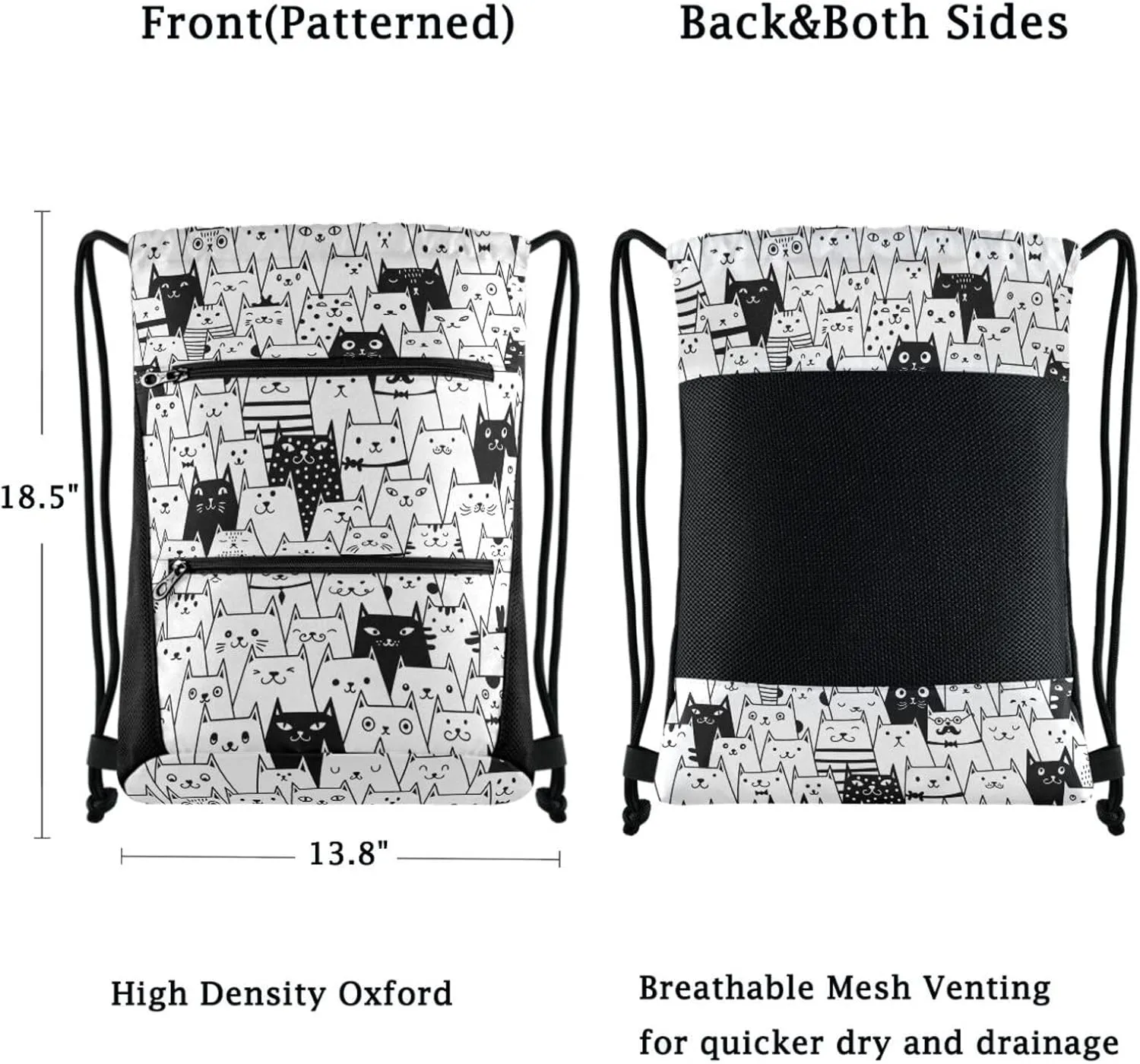 Nannle Large Drawstring Sackpack, Funny Cute Cartoon Black White Cats Pockets String Storage Bag for Adult Travel Beach Gym Swimming Camping