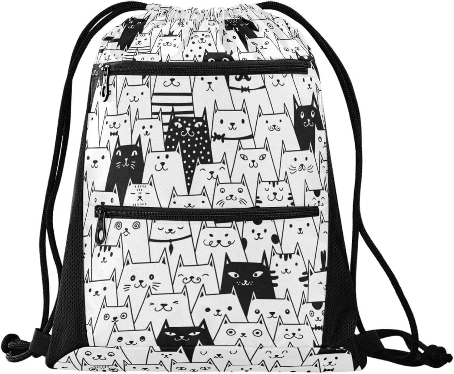 Nannle Large Drawstring Sackpack, Funny Cute Cartoon Black White Cats Pockets String Storage Bag for Adult Travel Beach Gym Swimming Camping
