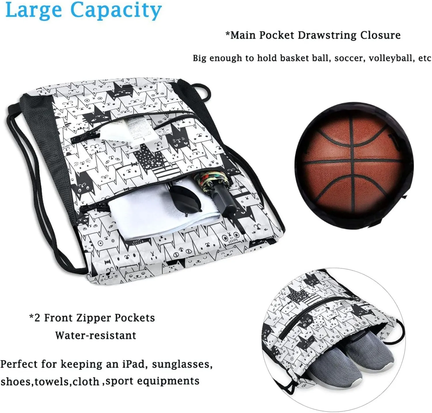 Nannle Large Drawstring Sackpack, Funny Cute Cartoon Black White Cats Pockets String Storage Bag for Adult Travel Beach Gym Swimming Camping