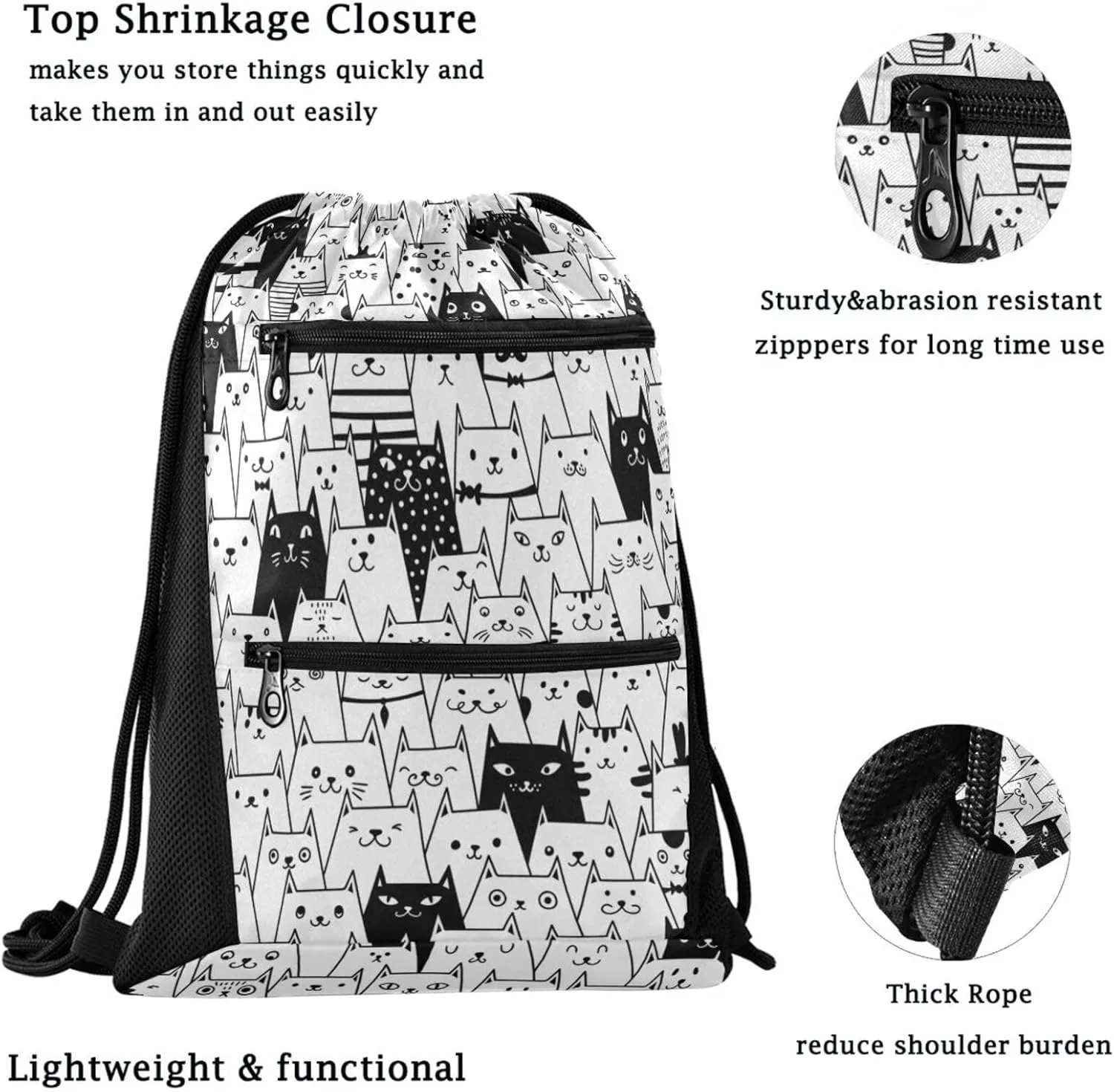 Nannle Large Drawstring Sackpack, Funny Cute Cartoon Black White Cats Pockets String Storage Bag for Adult Travel Beach Gym Swimming Camping