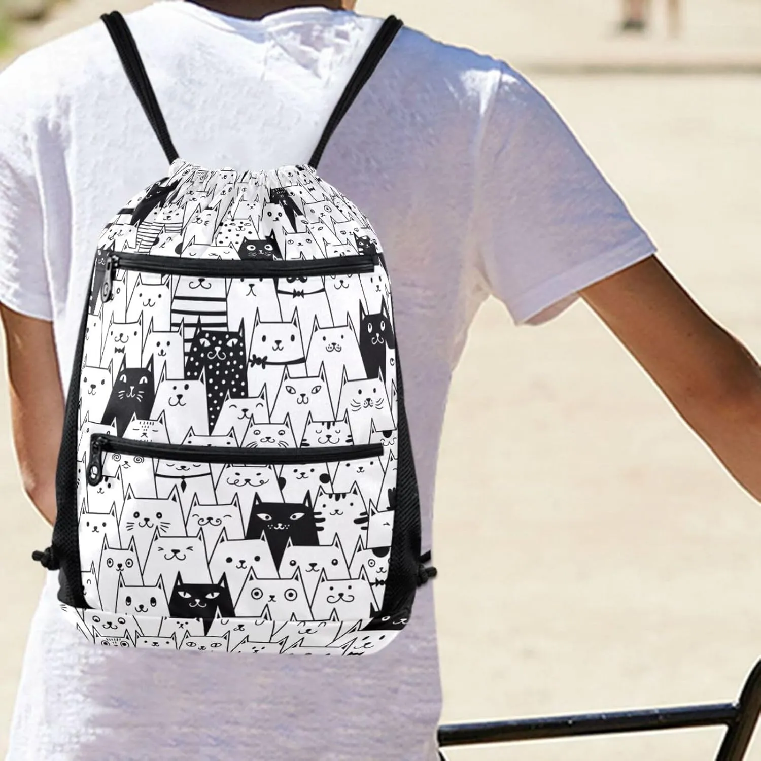 Nannle Large Drawstring Sackpack, Funny Cute Cartoon Black White Cats Pockets String Storage Bag for Adult Travel Beach Gym Swimming Camping