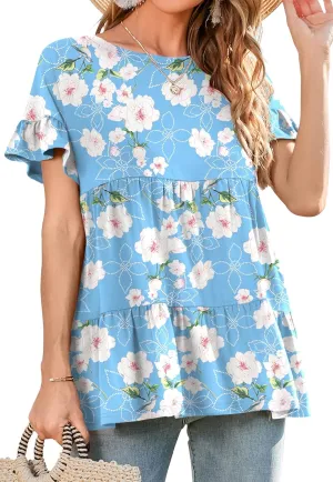 Neineiwu Women's Casual Ruffle Short Sleeve Crewneck Loose Tops Blouses Tunics