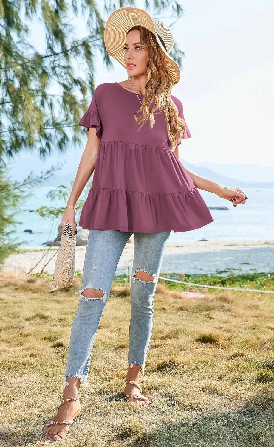 Neineiwu Women's Casual Ruffle Short Sleeve Crewneck Loose Tops Blouses Tunics