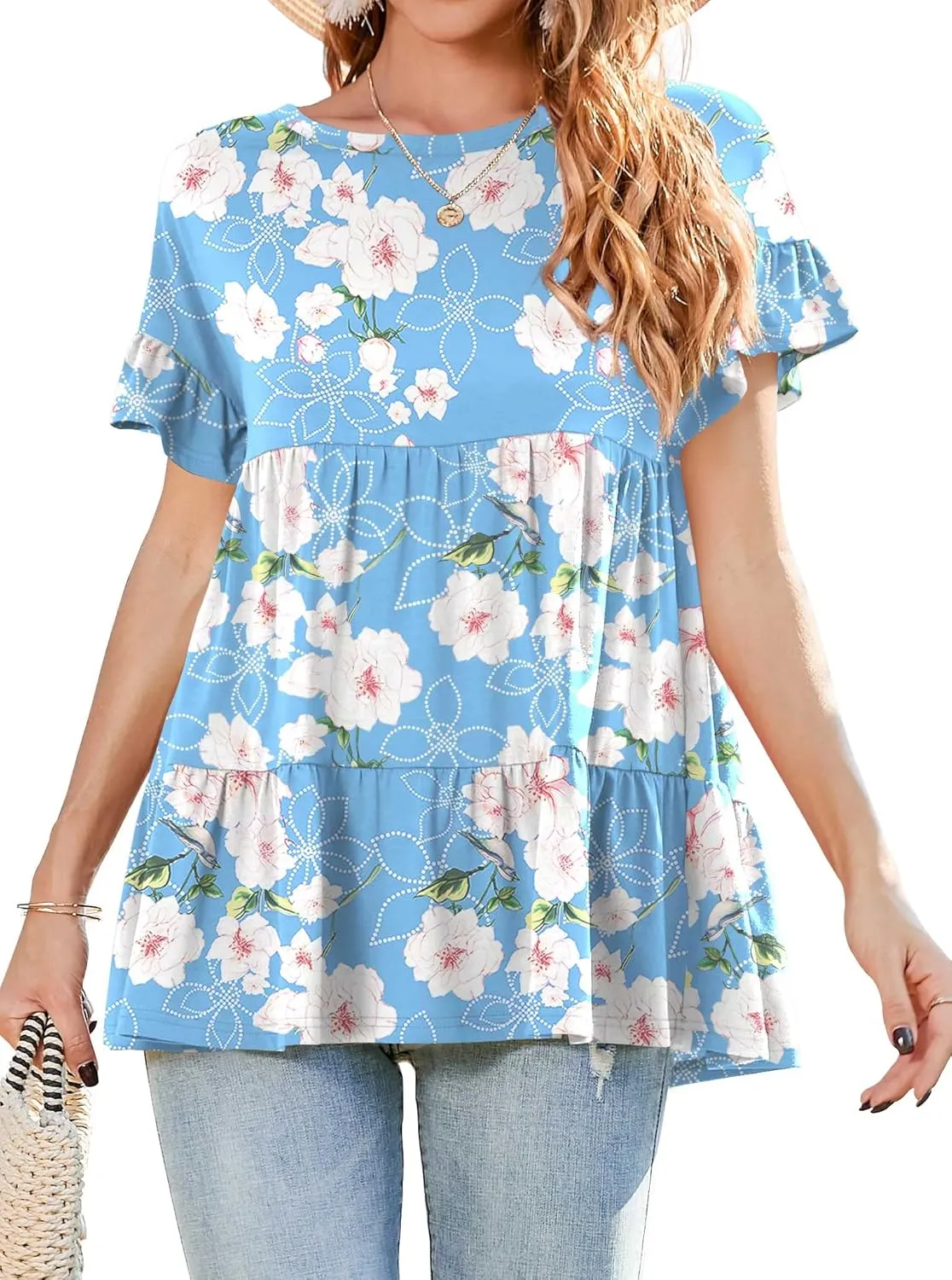 Neineiwu Women's Casual Ruffle Short Sleeve Crewneck Loose Tops Blouses Tunics