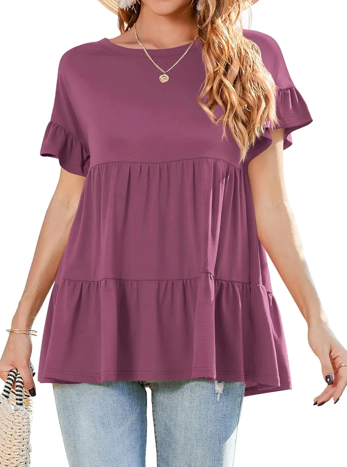 Neineiwu Women's Casual Ruffle Short Sleeve Crewneck Loose Tops Blouses Tunics