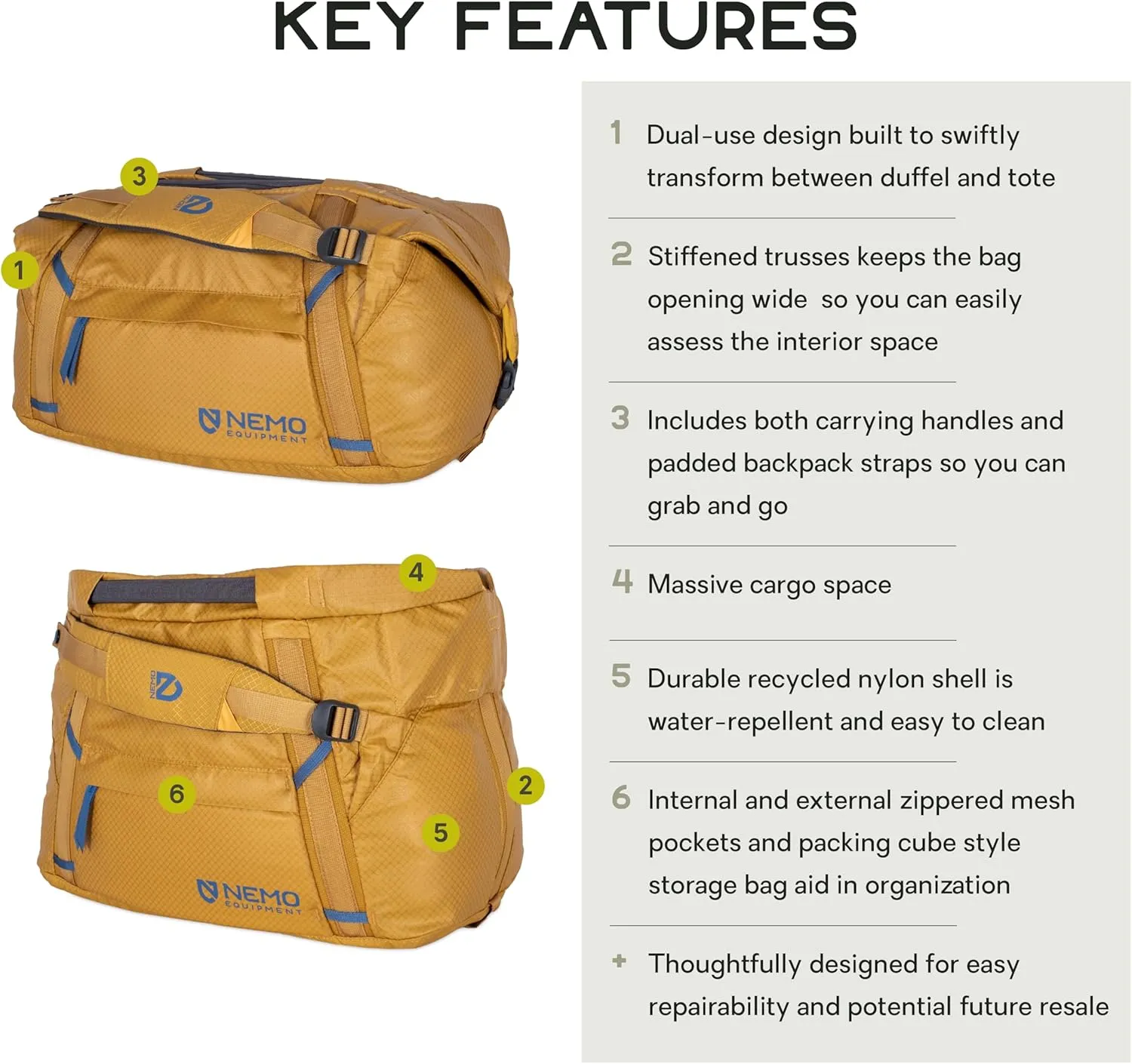 NEMO Equipment Double Haul Convertible Duffel & Tote Bag – Water-Resistant Gear Bag with Backpack Straps - 30L - Chai