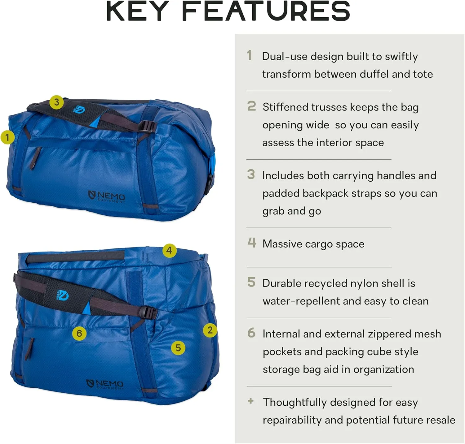 NEMO Equipment Double Haul Convertible Duffel & Tote Bag – Water-Resistant Gear Bag with Backpack Straps - 55L - Lake