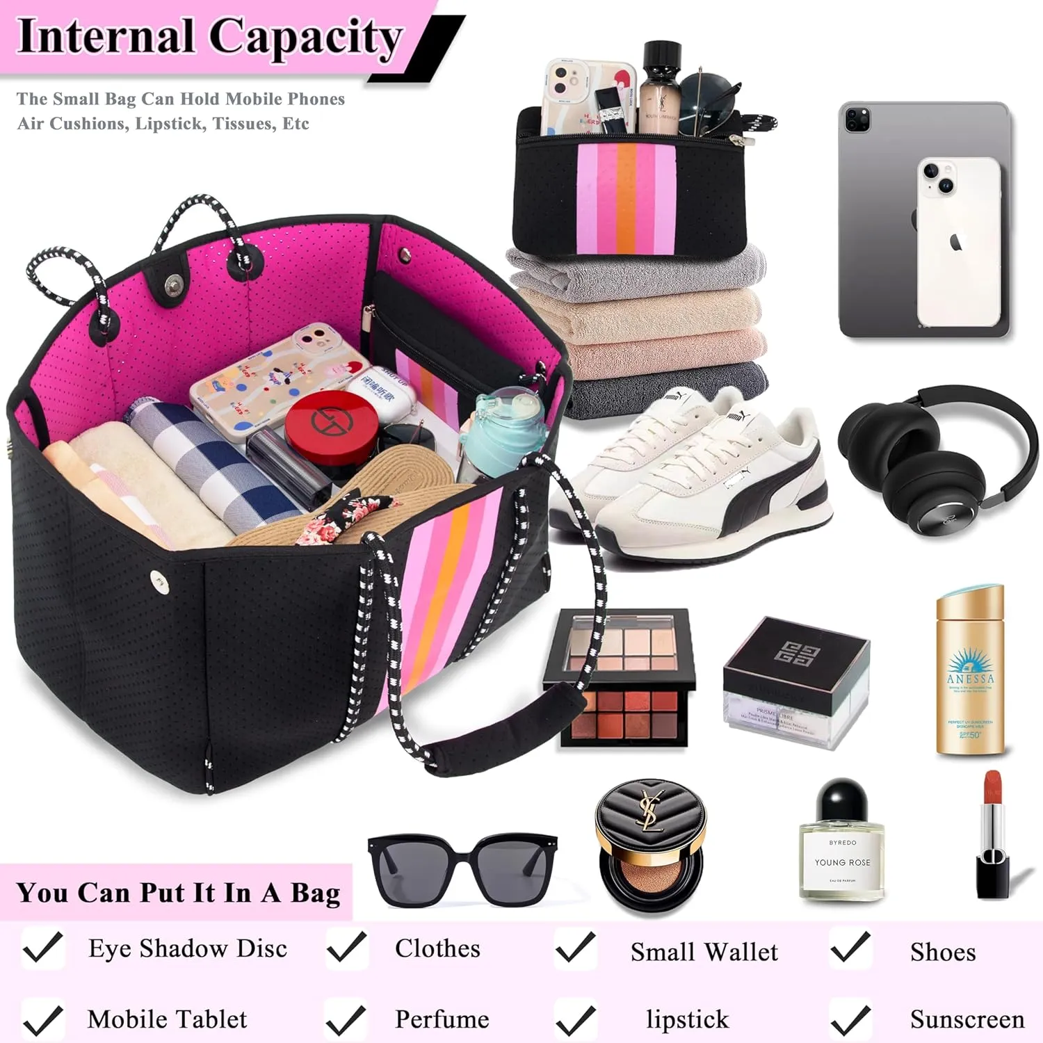 Neoprene Bag Large Multipurpose Beach Bag Neoprene Tote Bag Stylish Gym Women Shoulder Bag With Small Purse