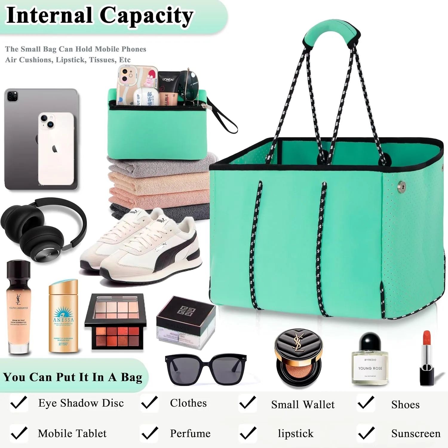 Neoprene Bag Large Multipurpose Beach Bag Neoprene Tote Bag Stylish Gym Women Shoulder Bag With Small Purse