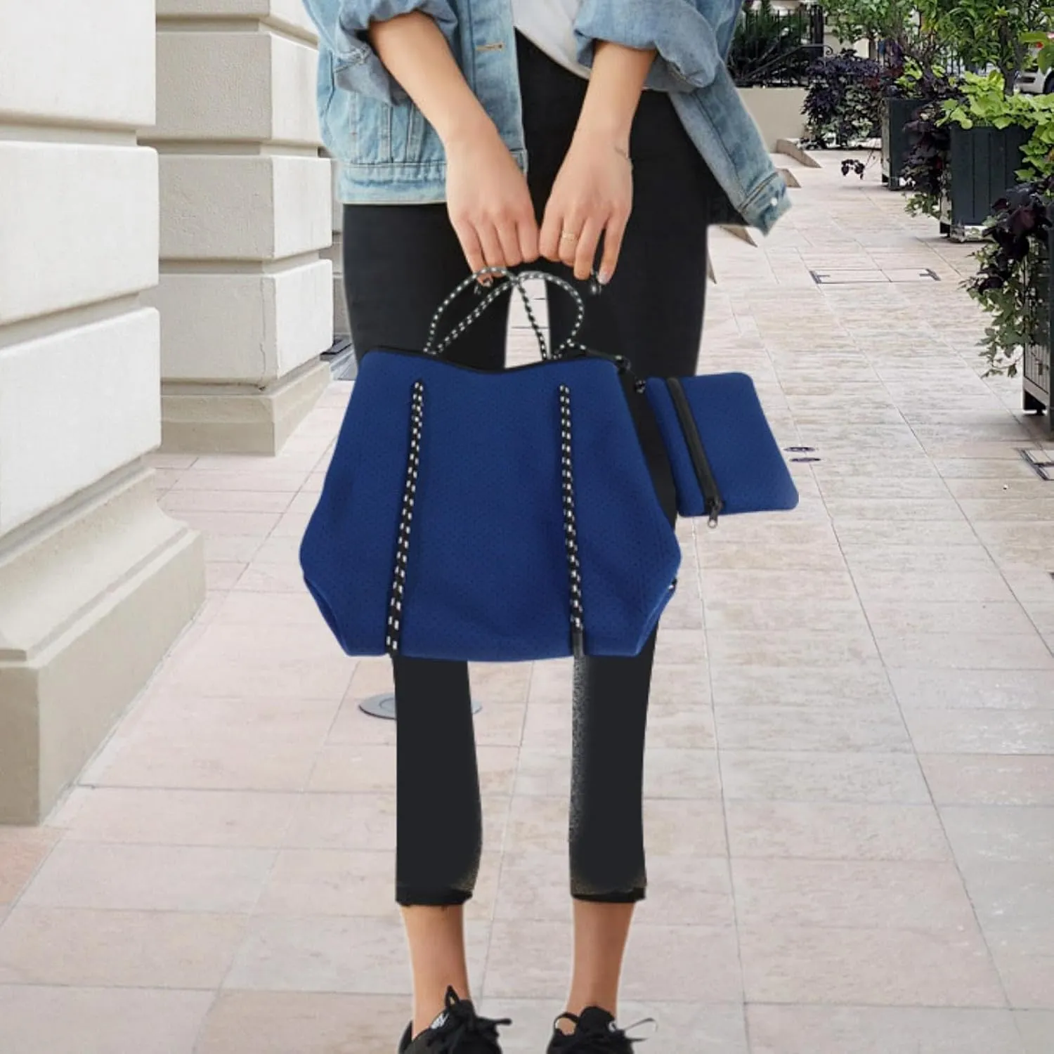 Neoprene Bag Pool Bag with Small Purse Water Resistant Beach Tote Bag Holes Handbag for Traveling Summer Shopping Gym