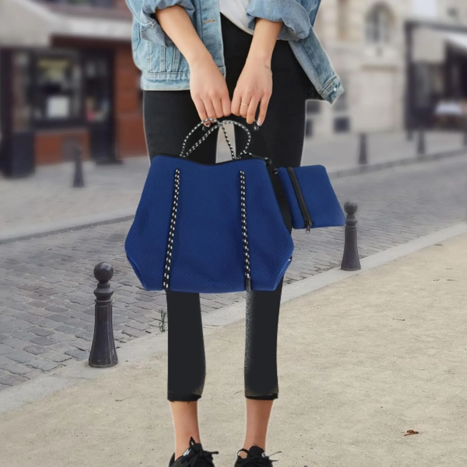 Neoprene Bag Pool Bag with Small Purse Water Resistant Beach Tote Bag Holes Handbag for Traveling Summer Shopping Gym